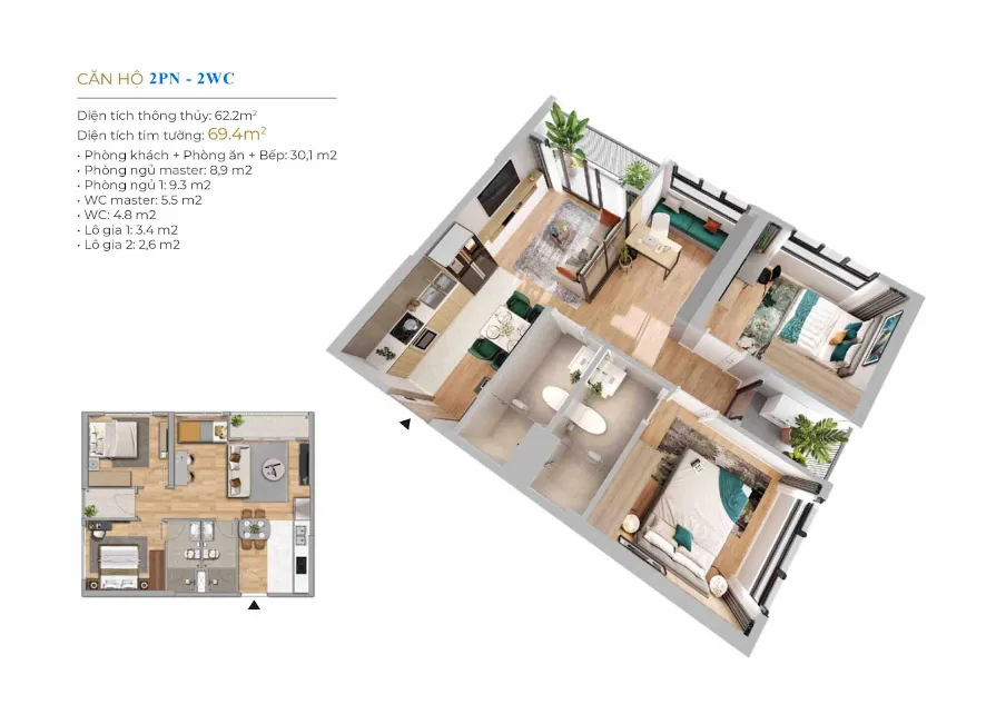 Căn 2PN+ toà GS3 - The Miami - Vinhomes Smart City 63.5m² có giá bao nhiêu?