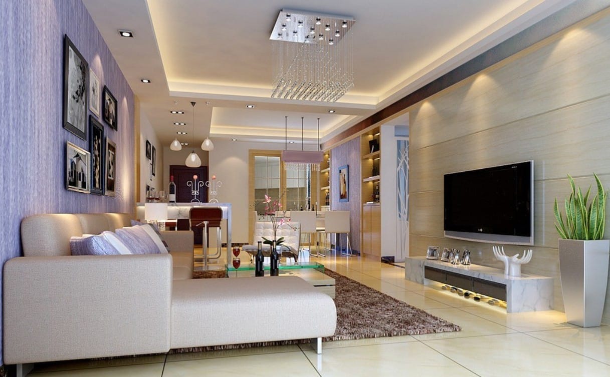 Mở rộng không gian căn hộ chung cư bằng thiết kế trần thạch cao cho phòng khách liền bếp