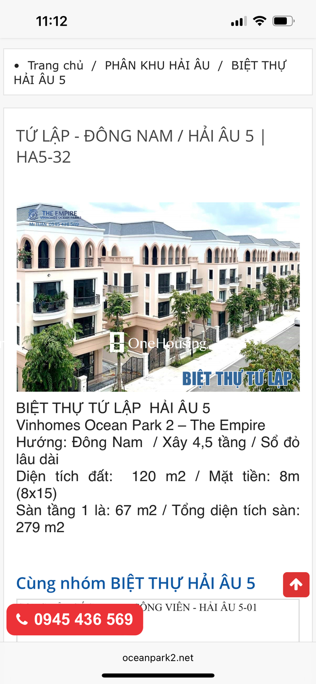 Biệt thự hướng Đường Hải Âu 5 - Hải Âu - Vinhomes Ocean Park 2 - The Empire